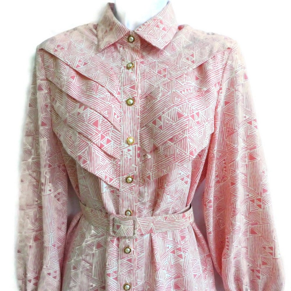 Vintage 70s 80s Dress Secretary Day Pockets Geometric Pink Pearlized Buttons  L